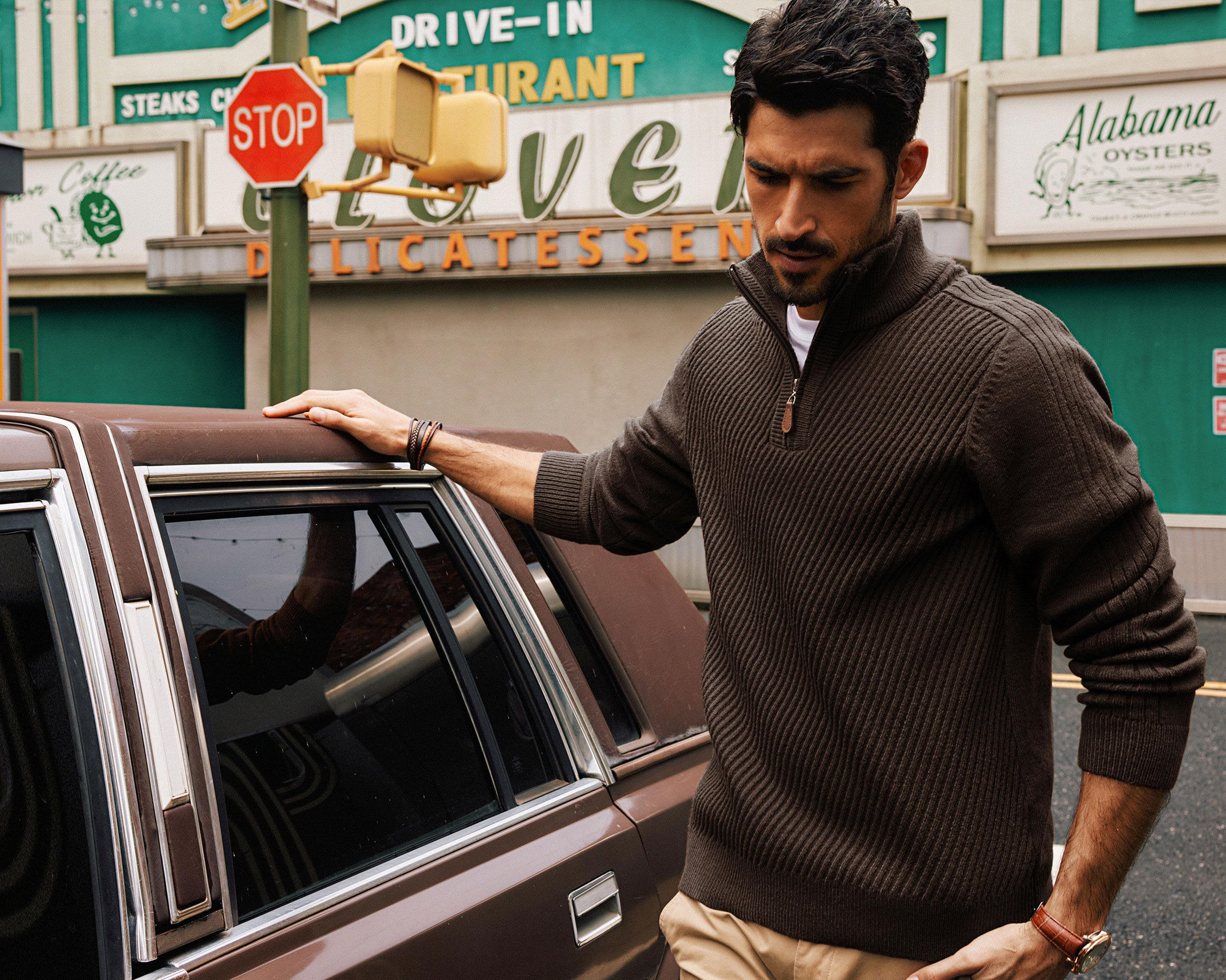 PJ PAUL JONES Maglione da uomo a collo alto, a 1/4 zip, a maniche lunghe, con scollo a tessere