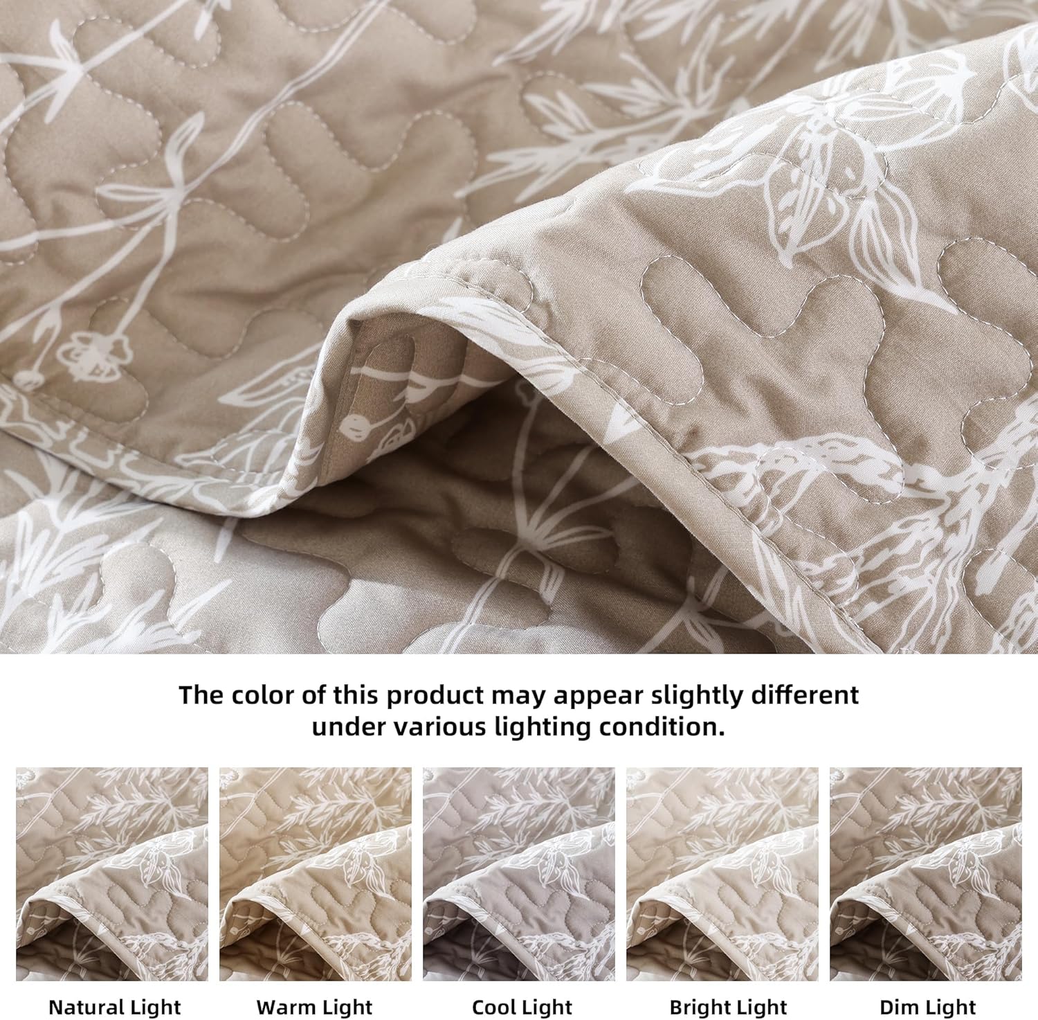 JANZAA Quilts Queen Size Oatmeal Bed Spread with White Floral Pattern Botanical Microfiber Quilts Set Lightweight Comforter 3 Pieces Reversible Bedding Set (1 Queen Quilt and 2 Pillow Cases) - Image 4