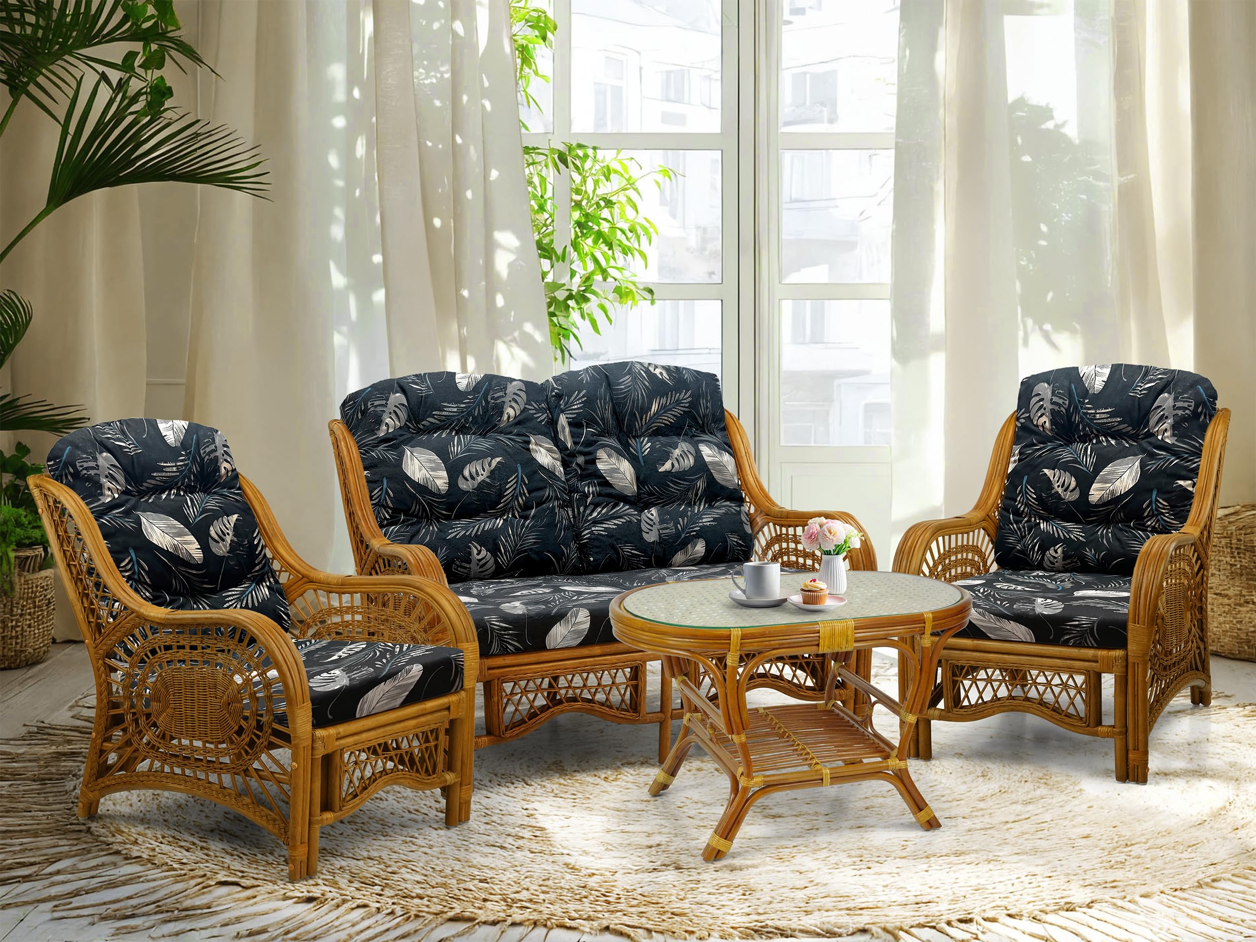 Malibu Lounge Set of 4: 2 Natural Rattan Wicker Chairs, Loveseat and Coffee Table w/Glass Handmade, Colonial Color with Black Leaf Cushions