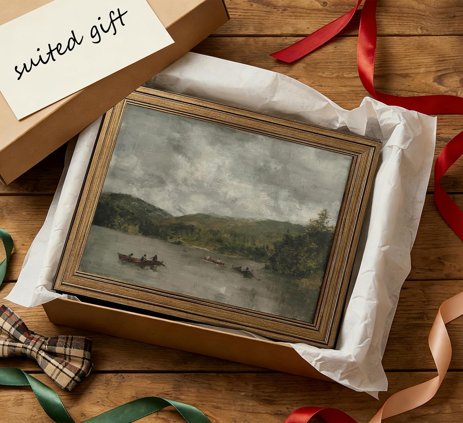 Gold Framed Vintage Landscape Canvas Wall Art Relaxed People Boating On The Tranquil Lake Oil Painting Picture Wall Decor Retro Nature Poster Print Artwork for Living Room Bedroom Home Decoration
