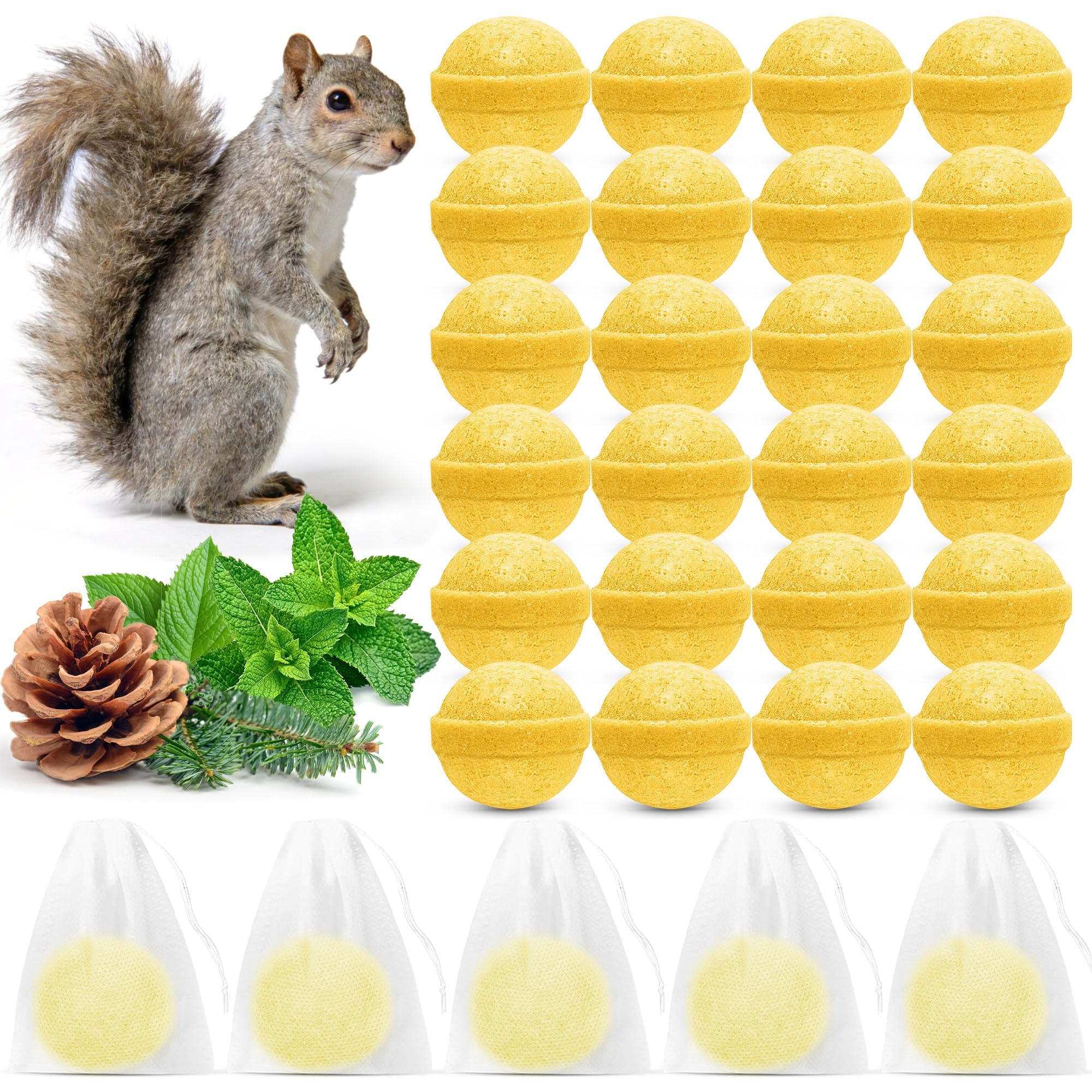 Peppermint Oil Squirrel Repellent - 24 Pack Squirrel Deterrent with Textile Pouch for Easy Hanging, Protects Gardens, Attics, Camping, Lofts, Orchard & Bird Feeders