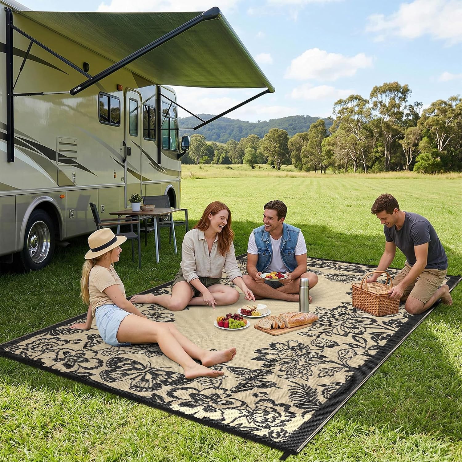 GarveeHome Outdoor Rug 8x10 Patio Waterproof, Reversible Plastic Straw Rugs for Camping, Picnic, Balcony, Porch, RV, Easy-Clean & Quick Dry Floral Pattern Large Indoor Outdoor Carpet, Black