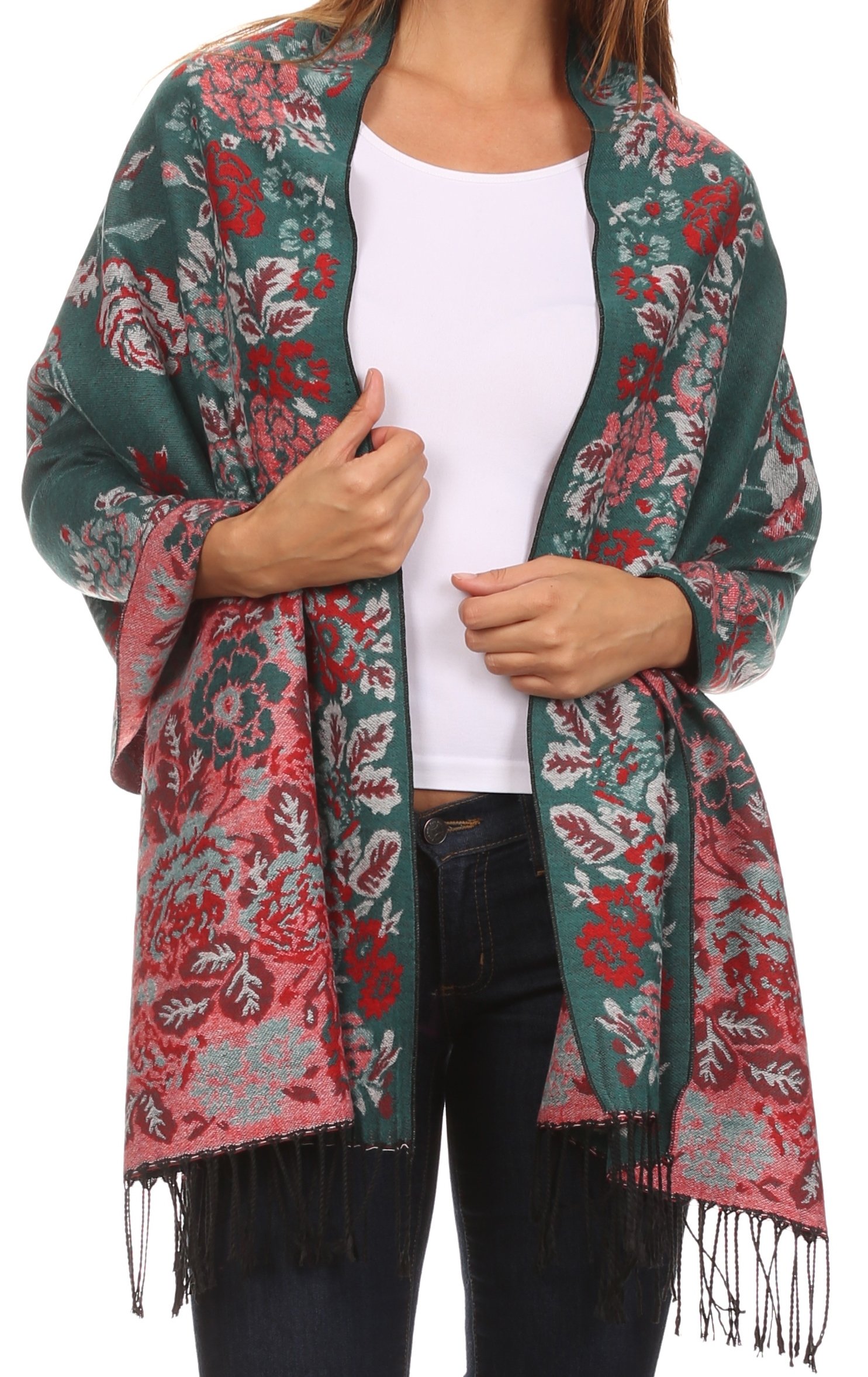 Sakkas Women's 2-Emerald Chs1810 - Ontario Double Layer Floral Pashmina/Shawl/Wrap/Stole With Fringe - Os