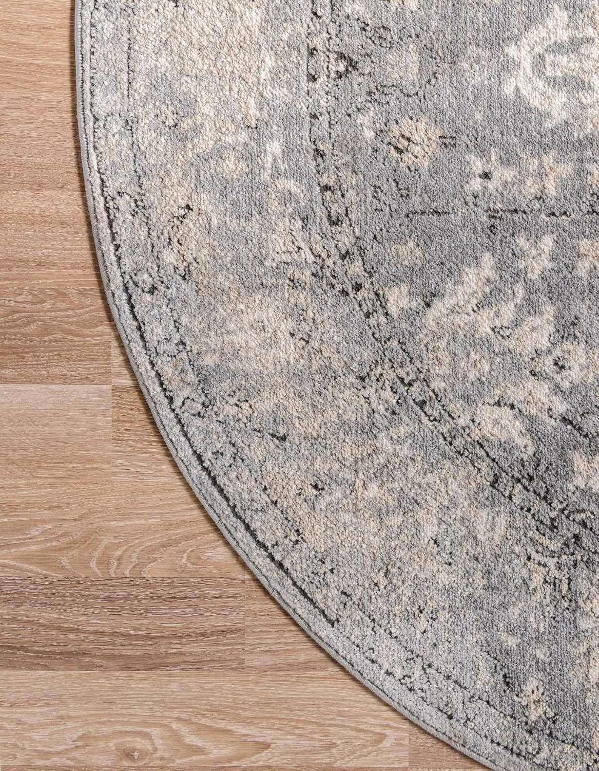 Rugs.com Oregon Collection Rug – 5 Ft Round Gray Low-Pile Rug Perfect for Kitchens, Dining Rooms