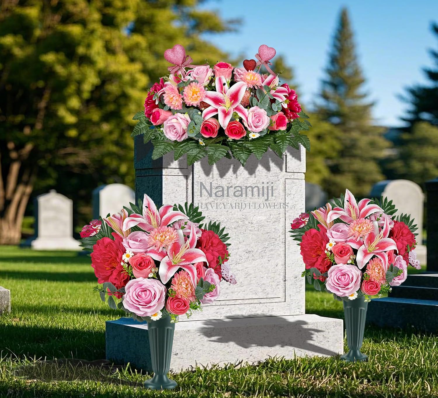 Long-Lasting Colorfast Cemetery Flowers with Grave Vase and Headstone Flower Saddle -Pink Roses for Headstone Decorations, Sympathy & Memorial Tributes