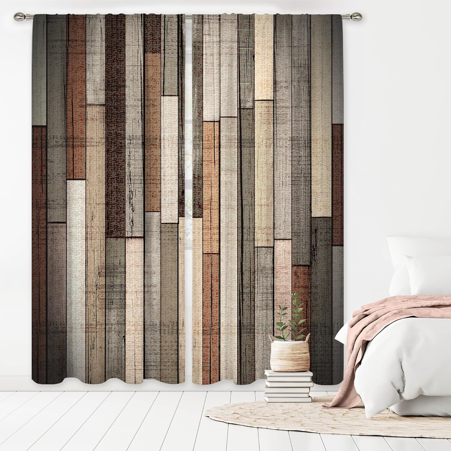 MESHELLY Rustic Farmhouse Curtains 52W X 84H Inch Rod Pocket Colorful Curtains for Living Room Western Barn Door Wooden Decor Multicolor Wood Cabin Country Garage Art Printed Bedroom Drapes 2 Panels
