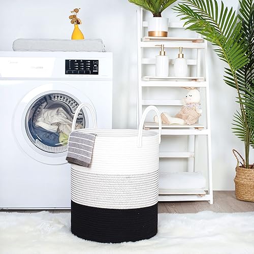 Miniatura 3 de MINTWOOD Design Cesta de cuerda de algodón tejida decorativa grande de 18 x 16 pulgadas, cesta de lavandería alta para sala de estar, cestas de