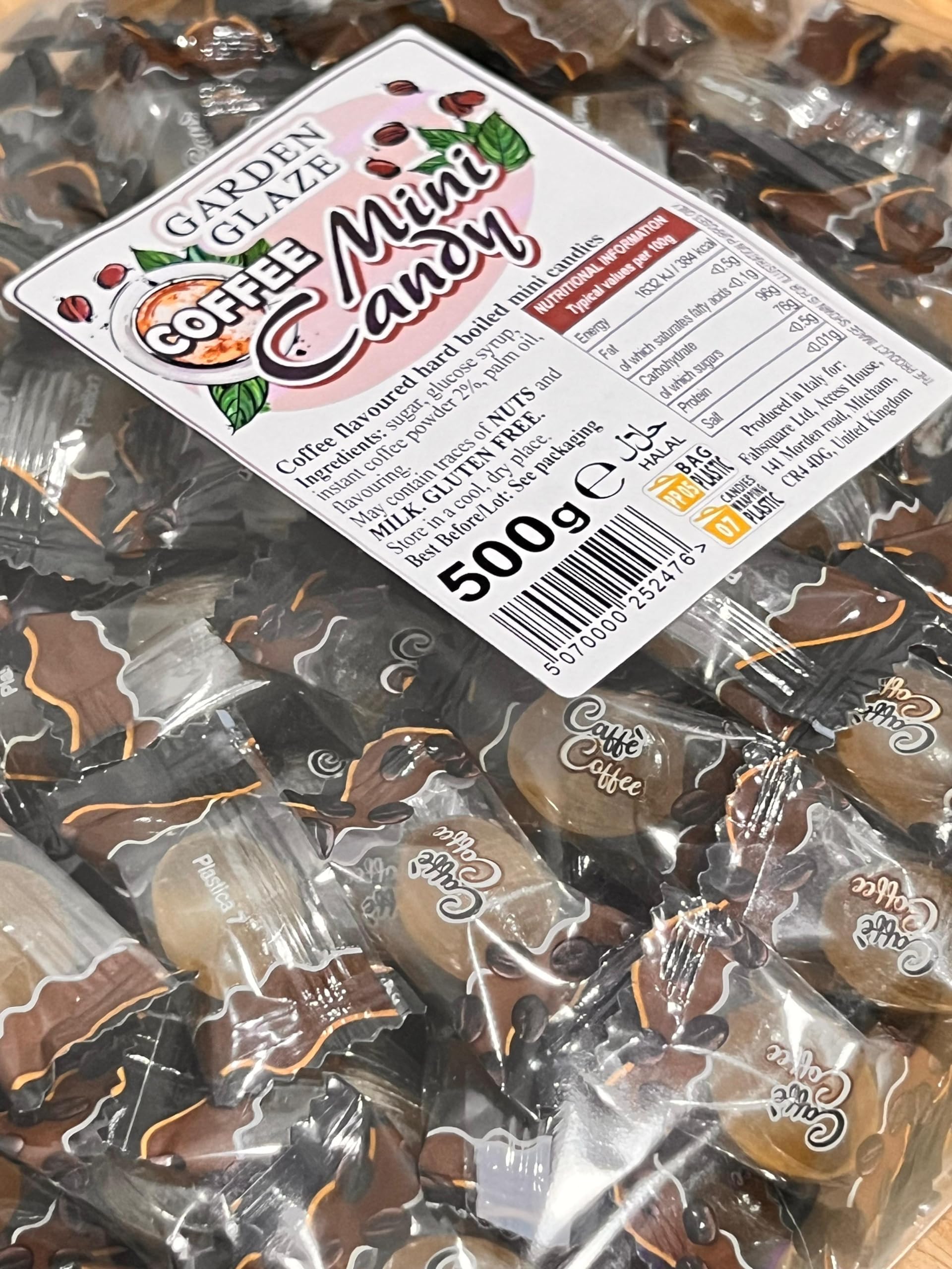 Delicious Coffee Flavoured Hard Boiled Mini Sweets Candies │ Halal │ Gluten Free │ Individually Wrapped │ Bulk 500g │Perfect for Parties Events Sharing │ Made in Italy │ by GARDEN GLAZE®