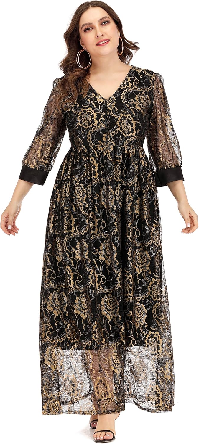 Women's Plus Size Guipure Lace Overlay Maxi Dress Empire Waist 3/4 Sleeve Evening Party Dresses Formal - Image 3