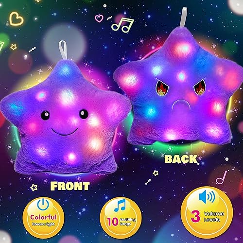 Vista 5 de Cuteoy Almohada musical de felpa de estrella morada de 13 pulgadas, luz nocturna brillante, juguetes LED de volumen ajustable, para cumpleaños