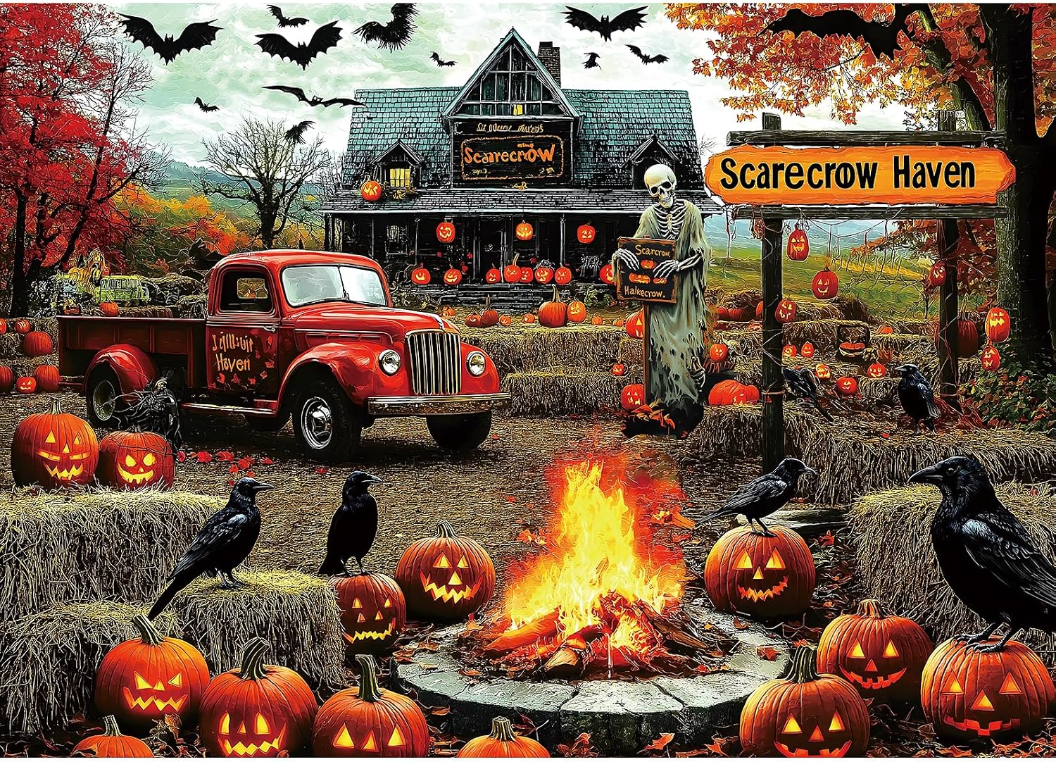1000 Piece Halloween Puzzles for Adults, Fall Ghost Scarecrow for Adults Puzzle, Haunted House Gift Jigsaw Puzzles, for Gifts Halloween Birthday Party Games Family, 27.5" X 19.7" Dust Free