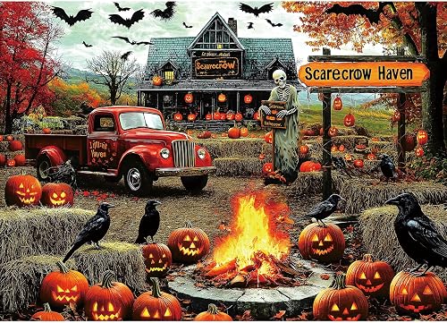 1000 Piece Halloween Puzzles for Adults, Fall Ghost Scarecrow for Adults Puzzle, Haunted House Gift Jigsaw Puzzles, for Gifts Halloween Birthday Party Games Family, 27.5" X 19.7" Dust Free