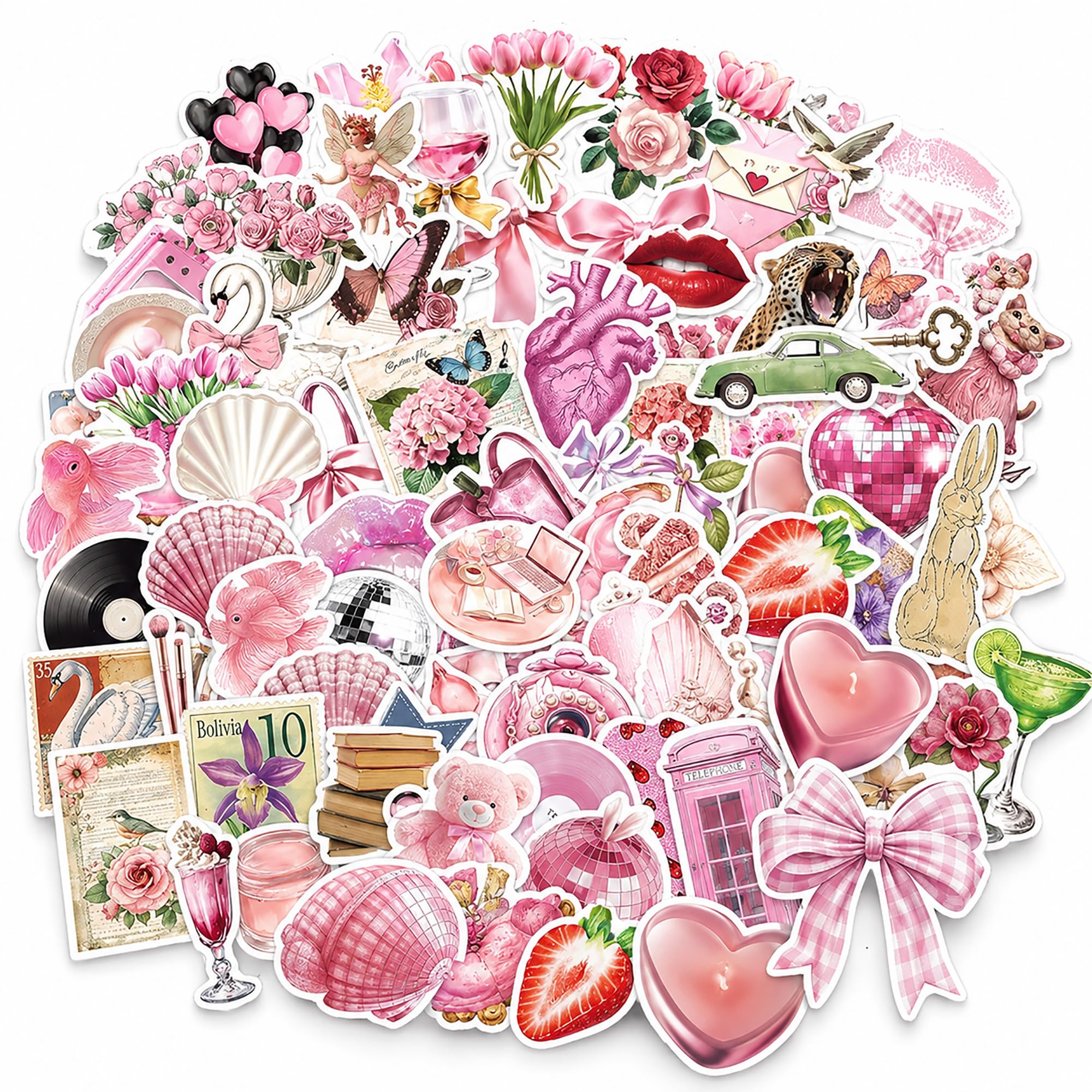100Pcs Vintage Pink Stickers – Coquette Aesthetic PVC Waterproof Decals for Girls Journals and Scrapbooks – Repositionable Stickers for Water Bottles Laptops Phones Computers Guitars and Crafts