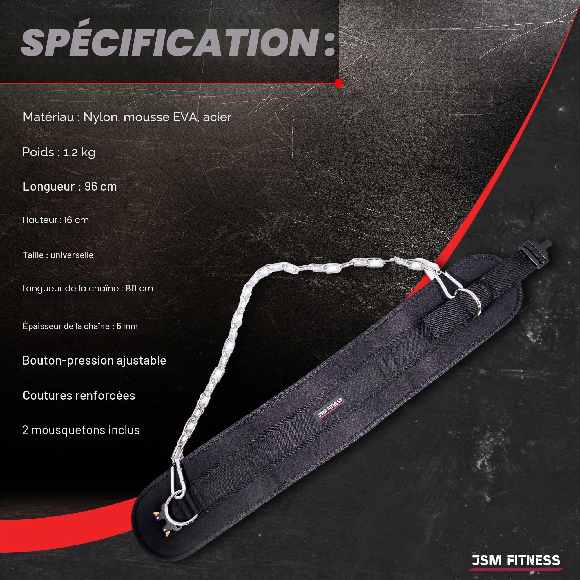 Ceinture Lestée Musculation avec Chaîne Acier 240kg - Ceinture Musculation Homme + 2 Mousquetons, Confort Néoprène pour Dips, Tractions, Haltérophilie, Bodybuilding, CrossFit & Fitness