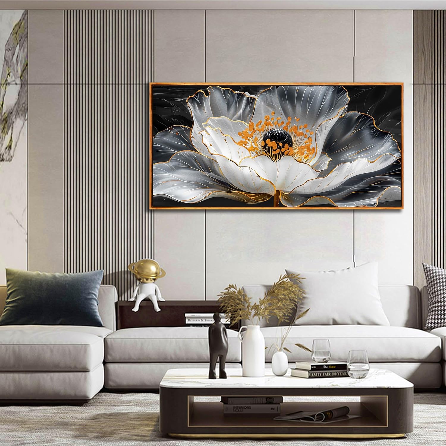 Gold Wall Art White Wall Pictures Beautiful Flower Wall Decorations for Living Room Black Artwork 24x48 Art for Home Office