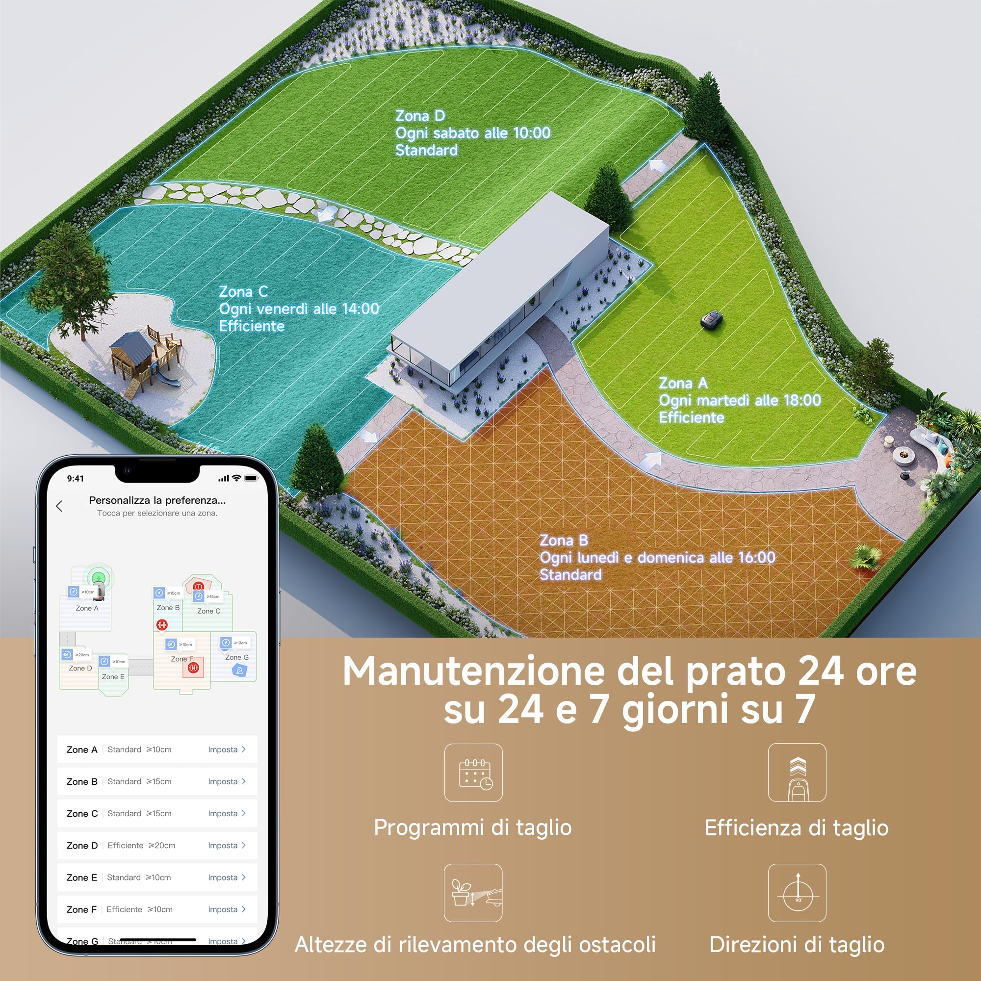 MOVA 1000 Robot Tosaerba Senza Filo Perimetrale, Mappatura 360° 3D LiDAR per 1000 m², Ostacoli Intelligenti, App Control, Ruote Fuoristrada, Taglio a U, Ricarica Rapida