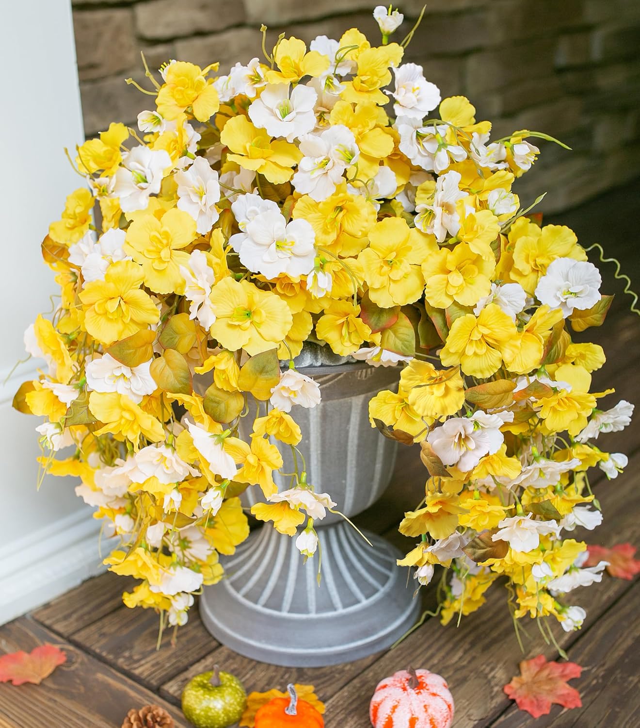 Hibiscus Fall Flowers Artificial for Decoration, 4pcs Silk Hibiscus Trailing Vines Fake Hanging Flowers Plants Realistic UV Resistant Faux Flower for Outside Planters Porch Patio Yard Indoor, Mix 4 pcs Fall Yellow White