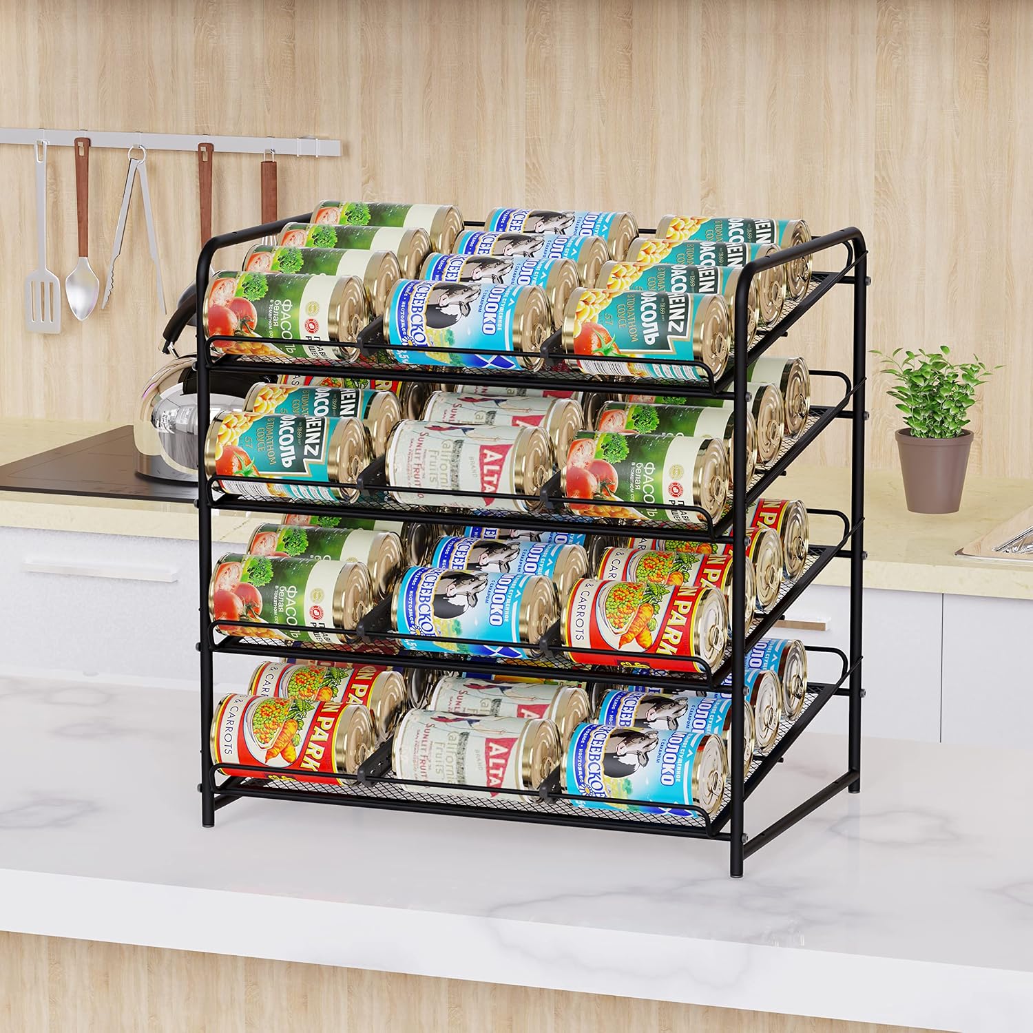 Simple Trending 4-Tier Can Rack Organizer, Can Storage Dispenser Holds up to 48 Cans for Kitchen Cabinet or Pantry, Black