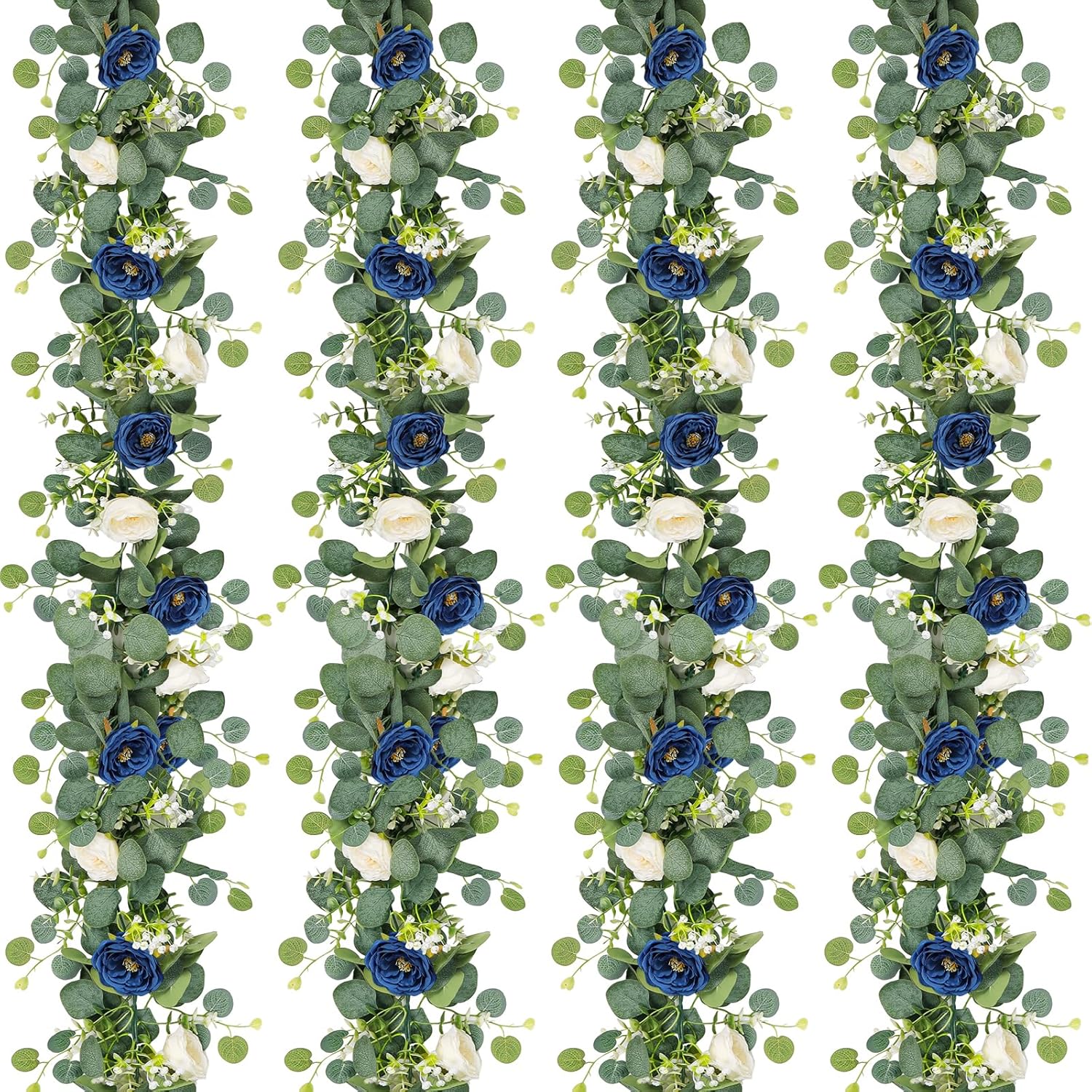 tochgreen 4 pack artificial eucalyptus flower garland with white and blue roses, fake rose flower greenery garland floral vines for wedding home party table runner decor (blue white, 4pcs)