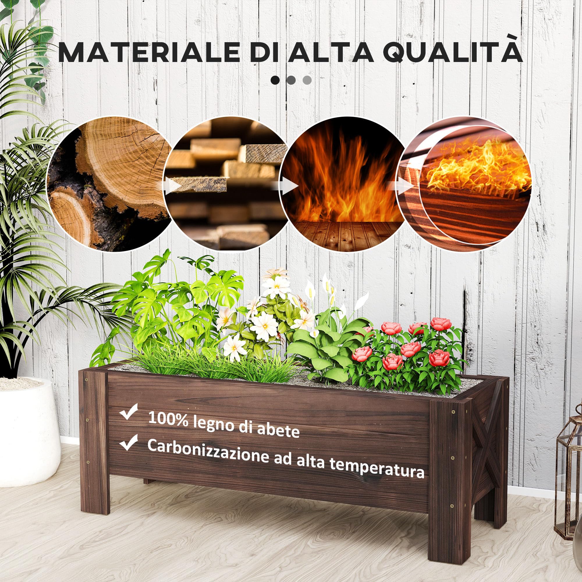 Outsunny Fioriera da Esterno in Legno Rettangolare, Aiuola Rialzata Portapiante Vaso per Orto da Esterno, 100x36.5x36cm