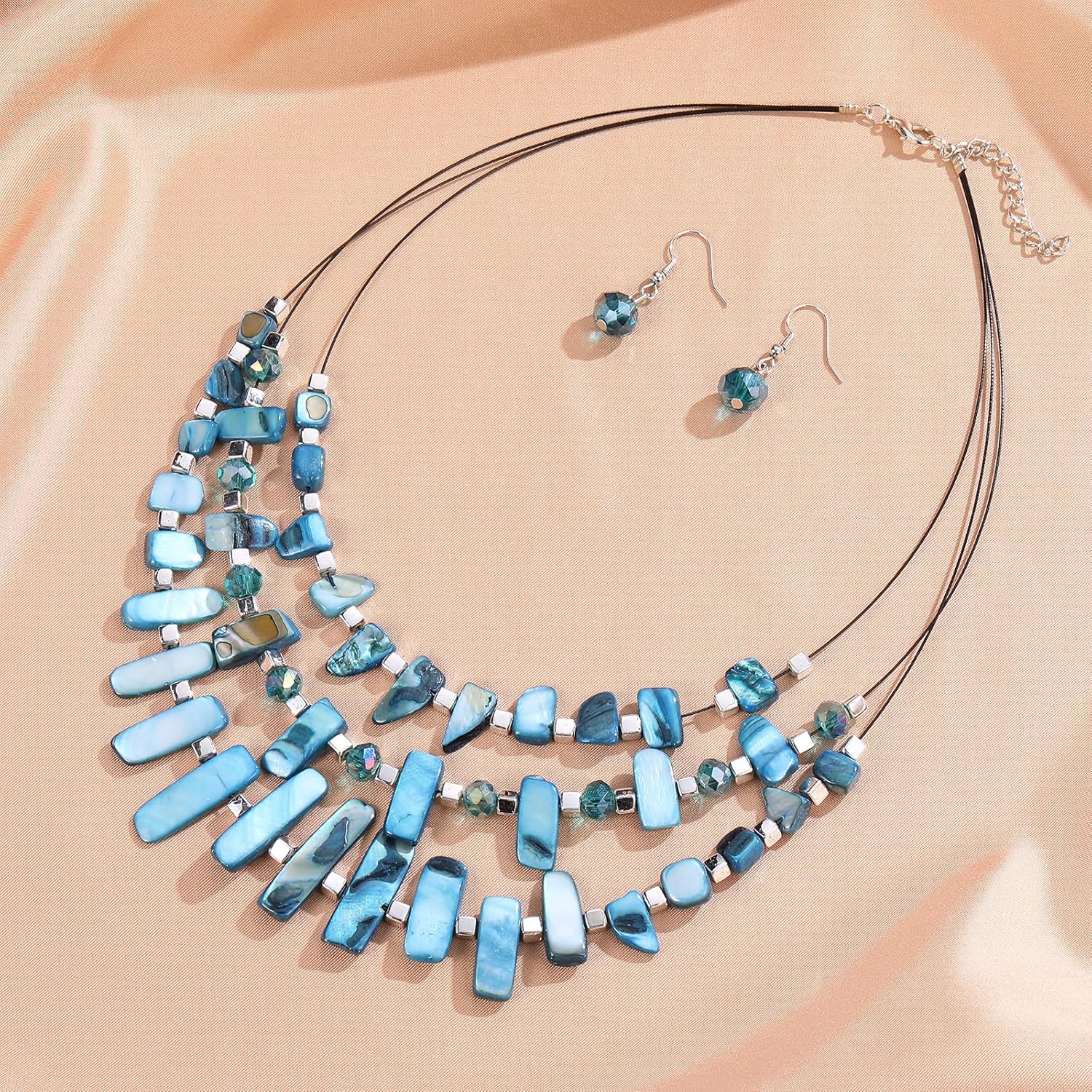 3 Layered Chunky Statement Necklace for Women Beaded Strand Necklaces with Earring Fashion Costumes Collar Necklace Jewelry Sets Gifts for Women - Image 2