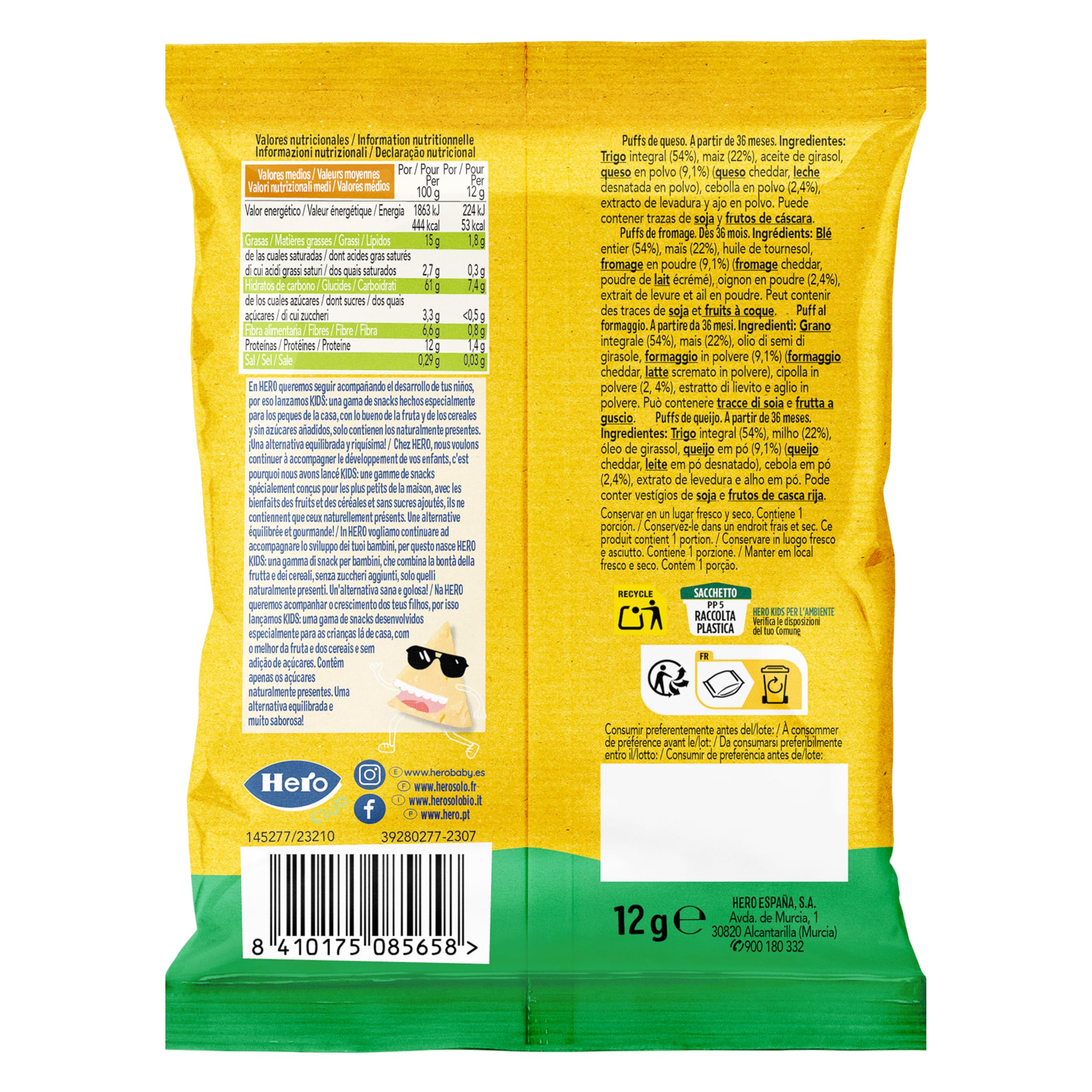 Hero Kids - Puff Snack de Fromage, Ingrédients 100% Naturel, Source Naturelles de Fibres, Sans sel ajoutés, Sans Huile de Palme, Sans Additifs, Snack pour enfants, Pack de 12 x 12g