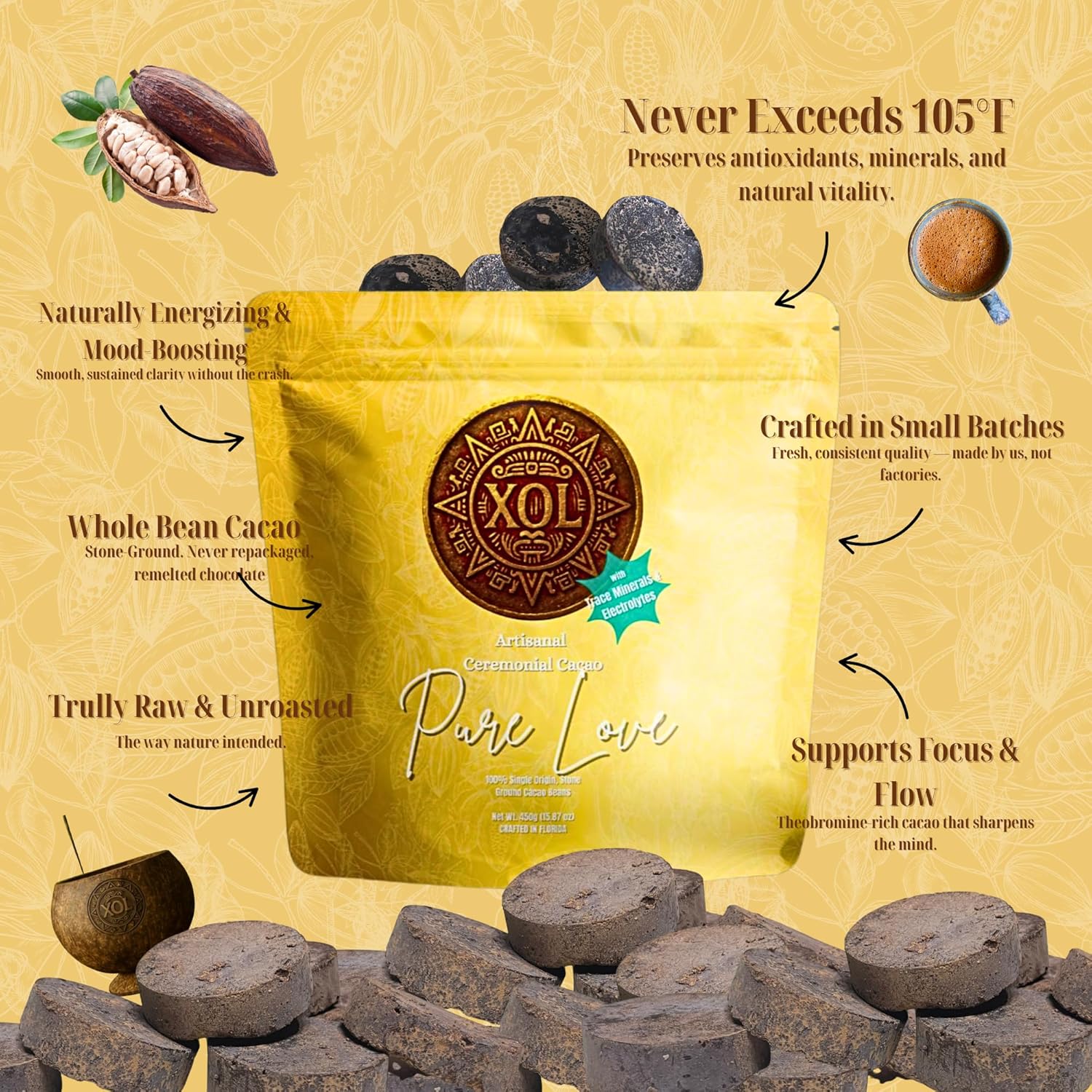 Ceremonial Cacao – Lightly Sweetened with Organic Coconut Palm Nectar – Whole-Bean, Untempered & Low-Temperature Processed – Small-Batch, Stone-Ground Artisan Cacao for Energy, Clarity, Focus & Flow – 1 lb | XOL Palm Glow
