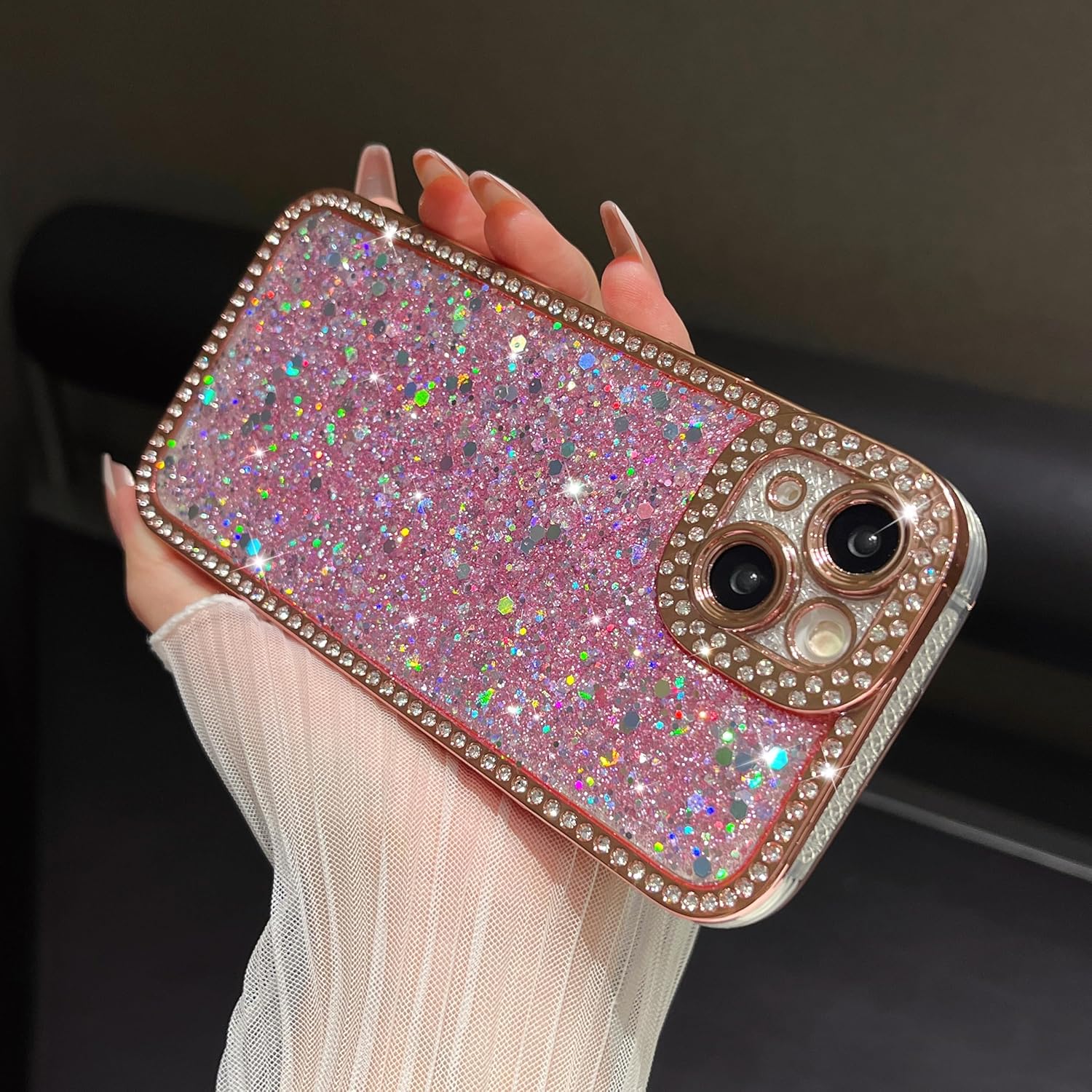 FABSPARK Case for iPhone 16 Plus,Glitter Crystal Diamond Rhinestones Sequin Shiny Bling Sparkly Glossy Luxury Electroplated Case,Aesthetic Cute Full Protection for iPhone 16 Plus,Pink - Image 9
