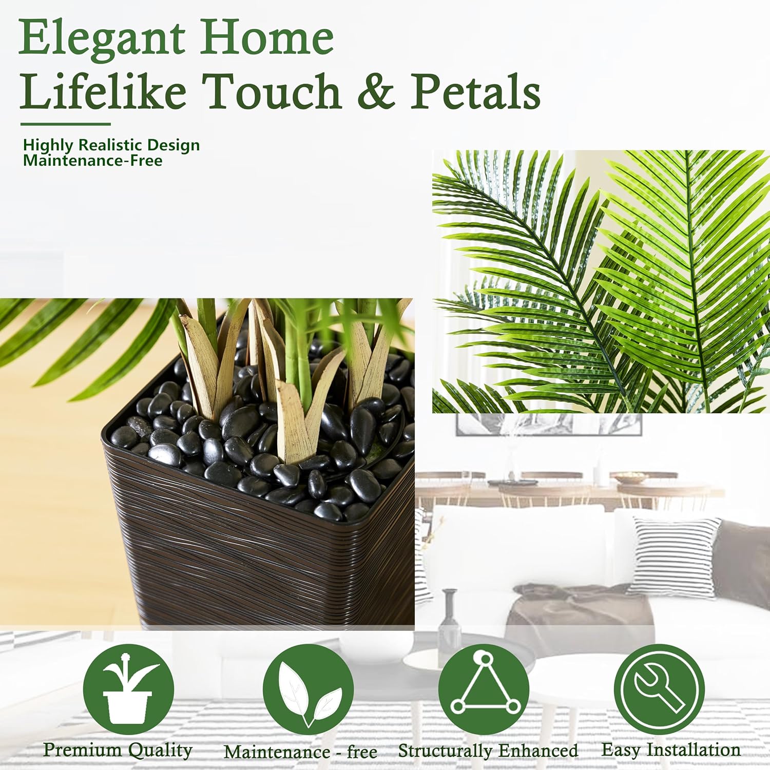 Artificial Palm Tree：6FT Tropical Fake Silk Plant UV Resistant Faux Areca Palm with White Planter & Black Pebbles for Home Office Living Room Decor Indoor Patio Porch Balcony (6FT,1-Pack,Black)