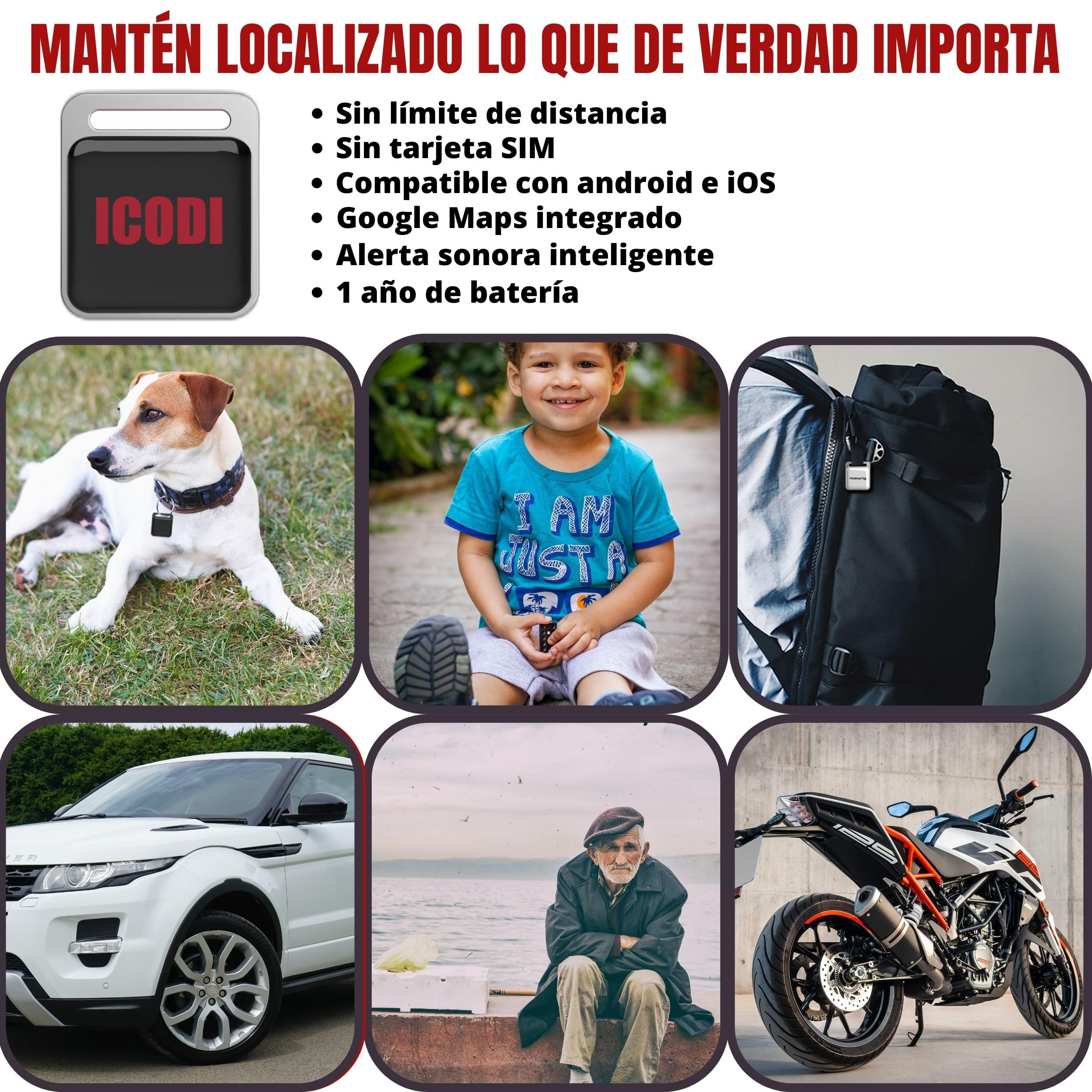 ICODI Localizador GPS para Coche sin Tarjeta SIM sin Límite de Distancia sin Suscripción, 1 Año de Batería, Android e iOS, Google MAPS Integrado Rastreador Bluetooth Moto,Niños,Ancianos y Objetos