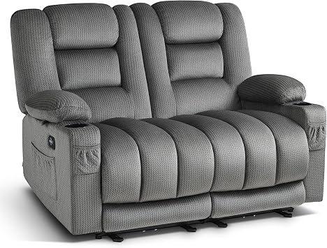 MCombo 155   Zero Gravity Electric Recliner Sofa, 2 Seater Massage Reclining Sofa Couch with Heat, Vibration Massage, USB Ports, Cup Holders for Living Room, Fabric PR648 Grey