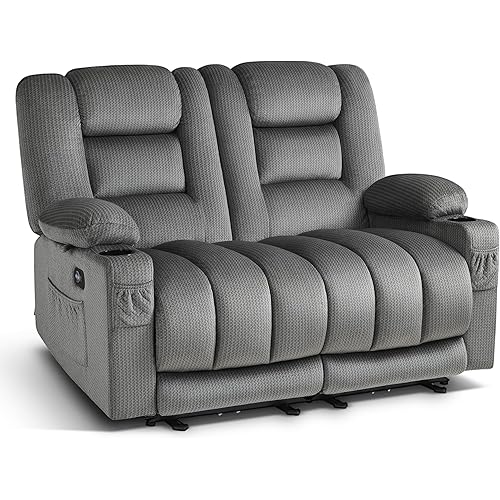 MCombo 55.9" Zero Gravity Power Loveseat Recliner with Heat and Vibration Massage, Reclining Loveseat Sofa with USB Ports, Cup Holders for Living Room, Fabric PR648SET (Grey)