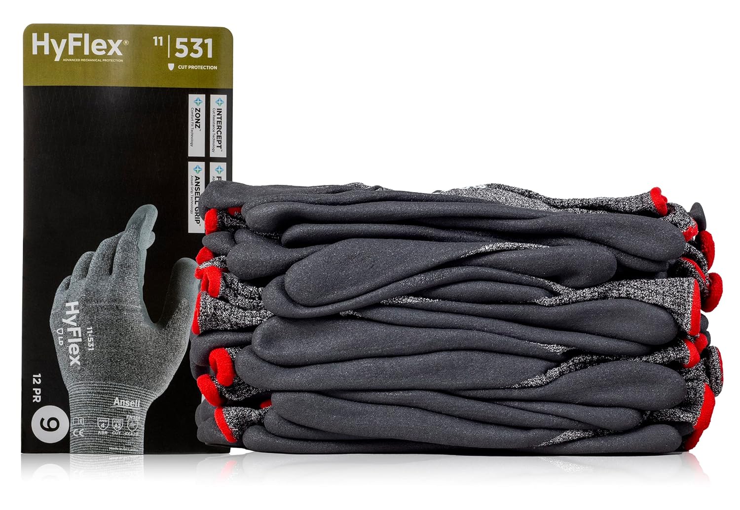 Ansell HYFLEX 11-531 Cut-Resistant Nylon Spandex Industrial Gloves w/Foam Nitrile Palm for Fabrication, Automotive - XXL (11), Grey (12 Pairs)