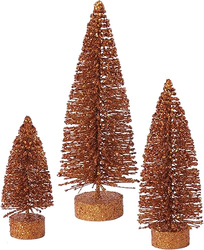 Vickerman Árbol de Navidad artificial ovalado con purpurina de cobre de 5, 7, 9 pulgadas, sin luz, juego de árbol de Navidad sintético, decoración
