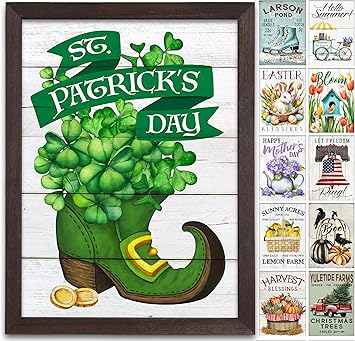 Farmhouse Wall Decor for your Home - 12x16 Rustic Wood Frame with 14 Interchangeable Sayings for the 4 Seasons, Christmas, Easter, Thanksgiving & July 4