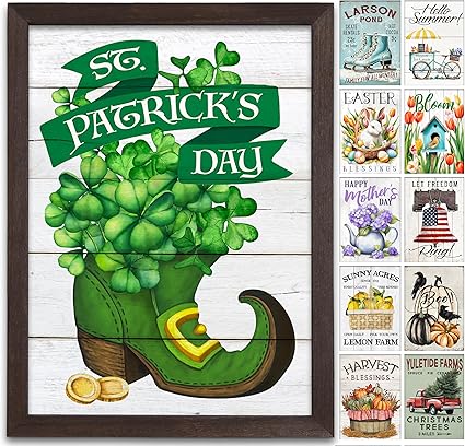 Farmhouse Wall Decor for your Home - 12x16 Rustic Wood Frame with 14 Interchangeable Sayings for the 4 Seasons, Christmas, Easter, Thanksgiving & July 4