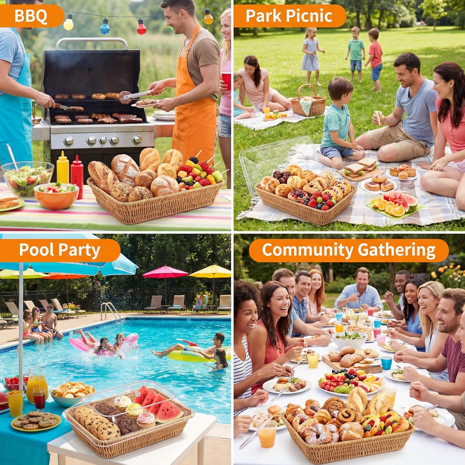 Ziliny 2 Set Wicker Bread Basket for Serving with Acrylic Lid Cover Imitation Rattan Bread Basket Woven for Fruit Summer Picnic BBQ Pool Party Outdoor Housewarming Gift(15.75" X 11.81",13.78" X 9.84")