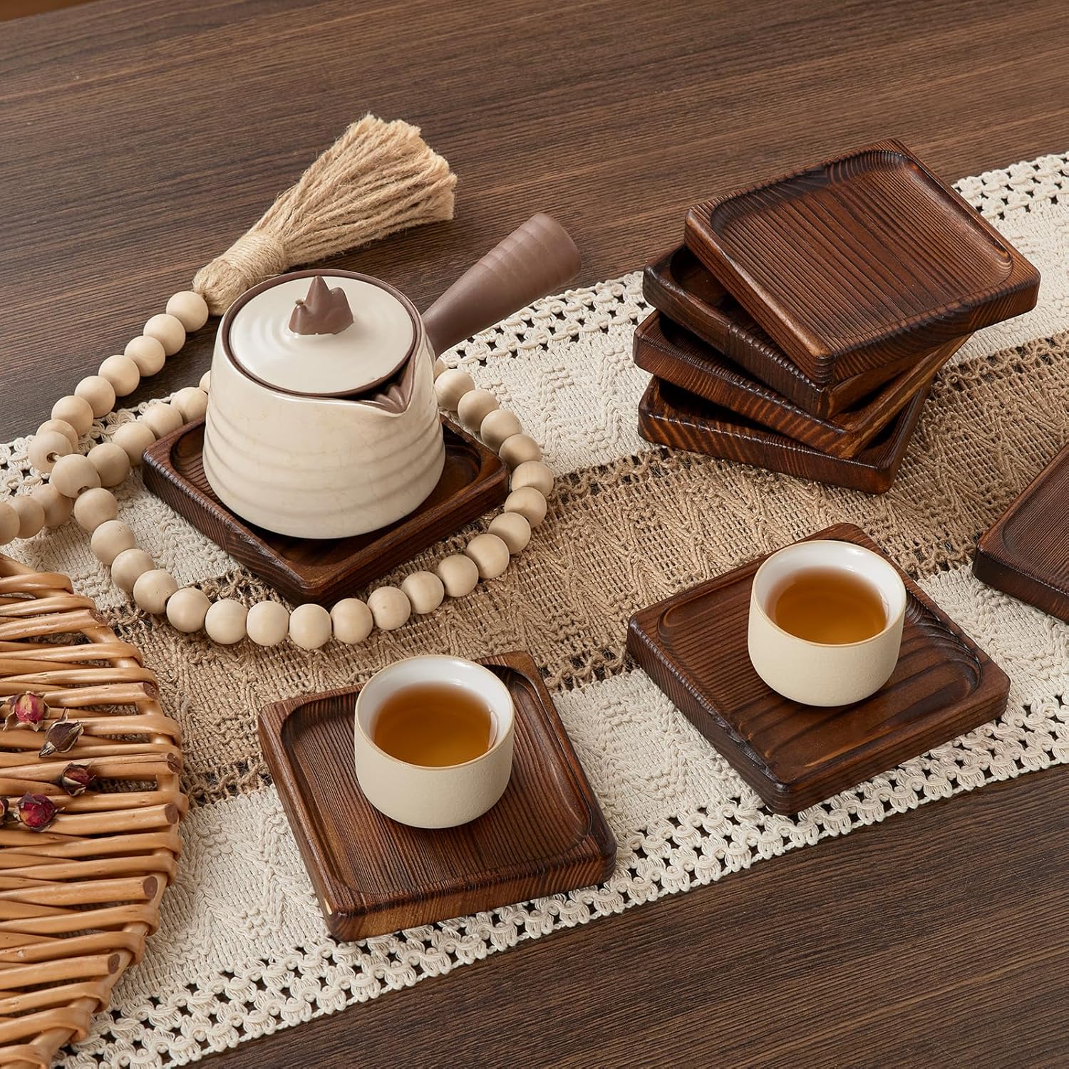 Wooden Coasters for Drink-Coasters Set of 8,Acacia Wood Drink Coasters Set for Coffee Table Decor, Modern Cup Coaster for Kitchen Accessories Cute Beer Bar Decorative Rustic Outdoor Coasters - Image 4