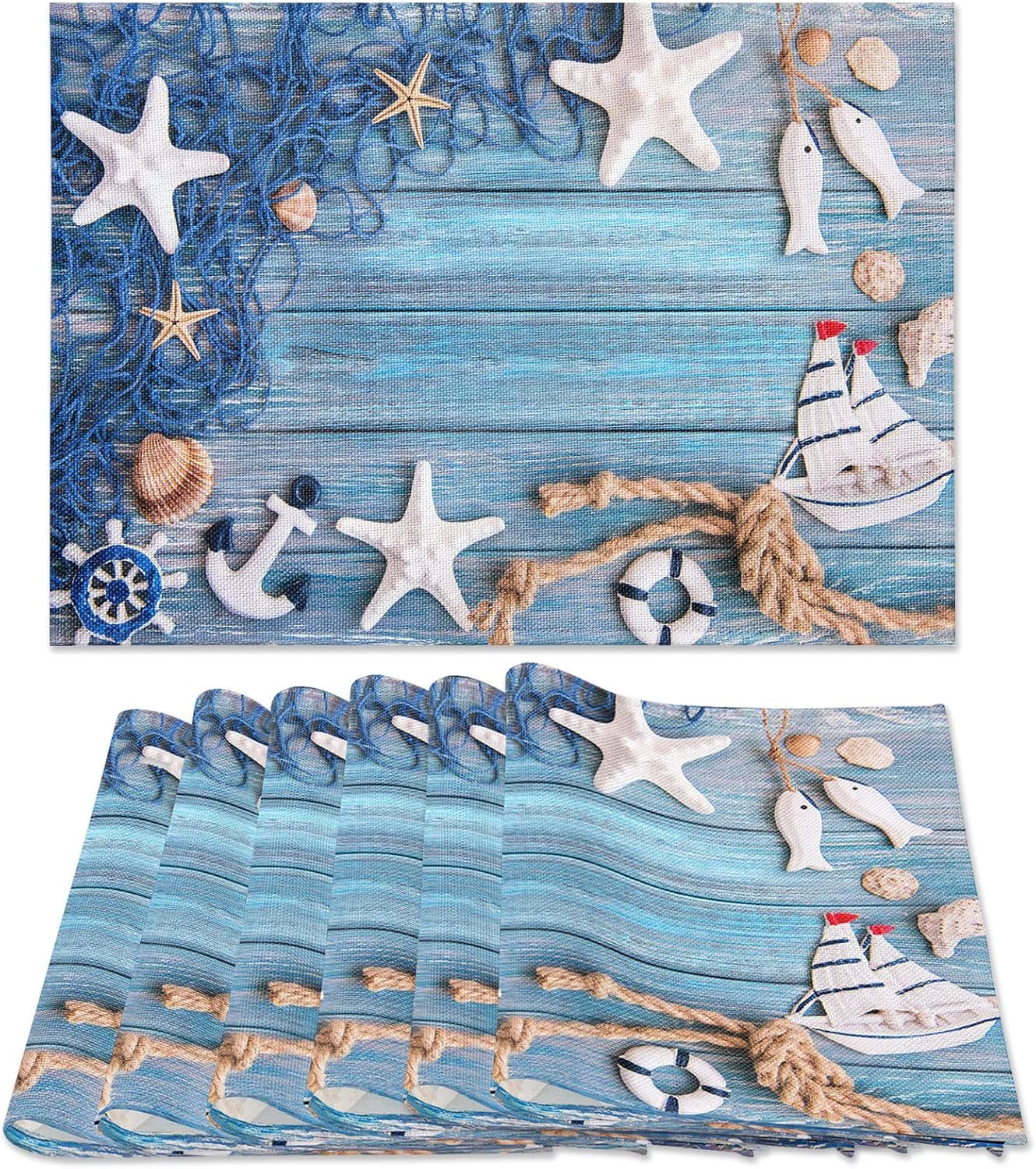 Blue Placemats Set of 6, Summer Nautical Theme Starfish Shell Fishnet Non Slip Heat Resistant Linen Fabric Cloth Place Mats, Washable Holiday Party Dining Table Mats for Coastal Home Kitchen Decor