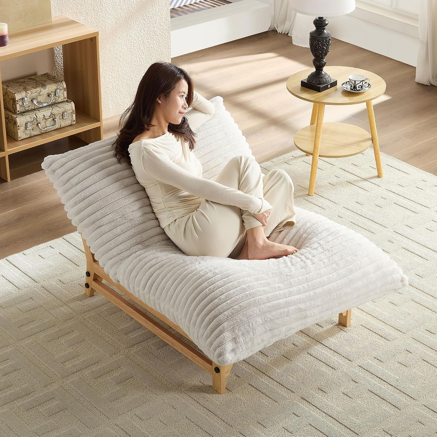 Modern Stackable Chaise Lounge Chair for Living Room, Mid Century Style Armless Chair,Ribbed Plush Corduroy Fabric, Wooden Frame Accent Single Sofa,Cream White