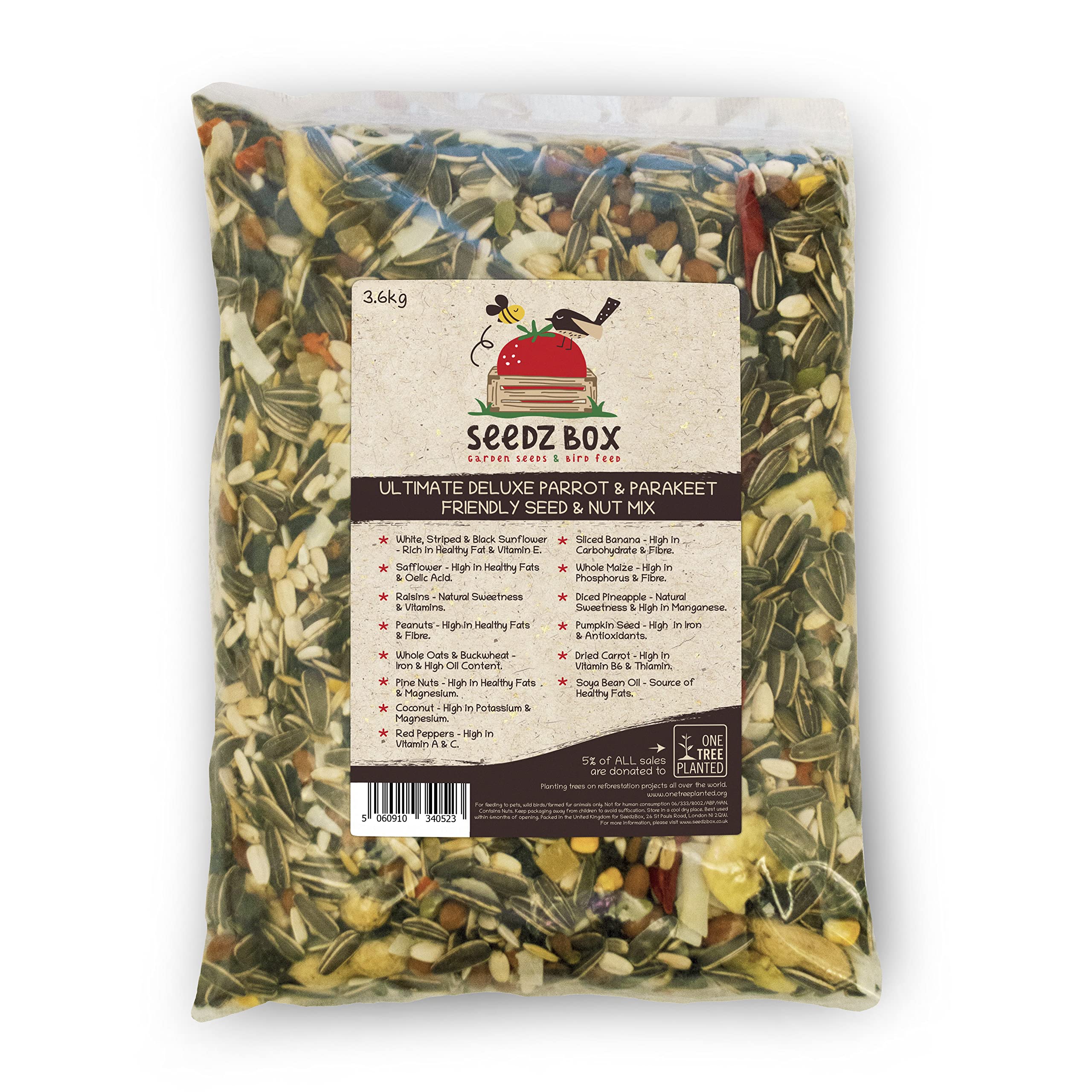 Parrot Food Seed and Nut Mix 3.6kg - Natural Healthy Feed For Parrots Incl African Greys - SeedzBox - Banana Pumpkin Seeds Peanuts and Whole Oats - Fats and Fibre - Donation to OneTreePlanted โ image 1
