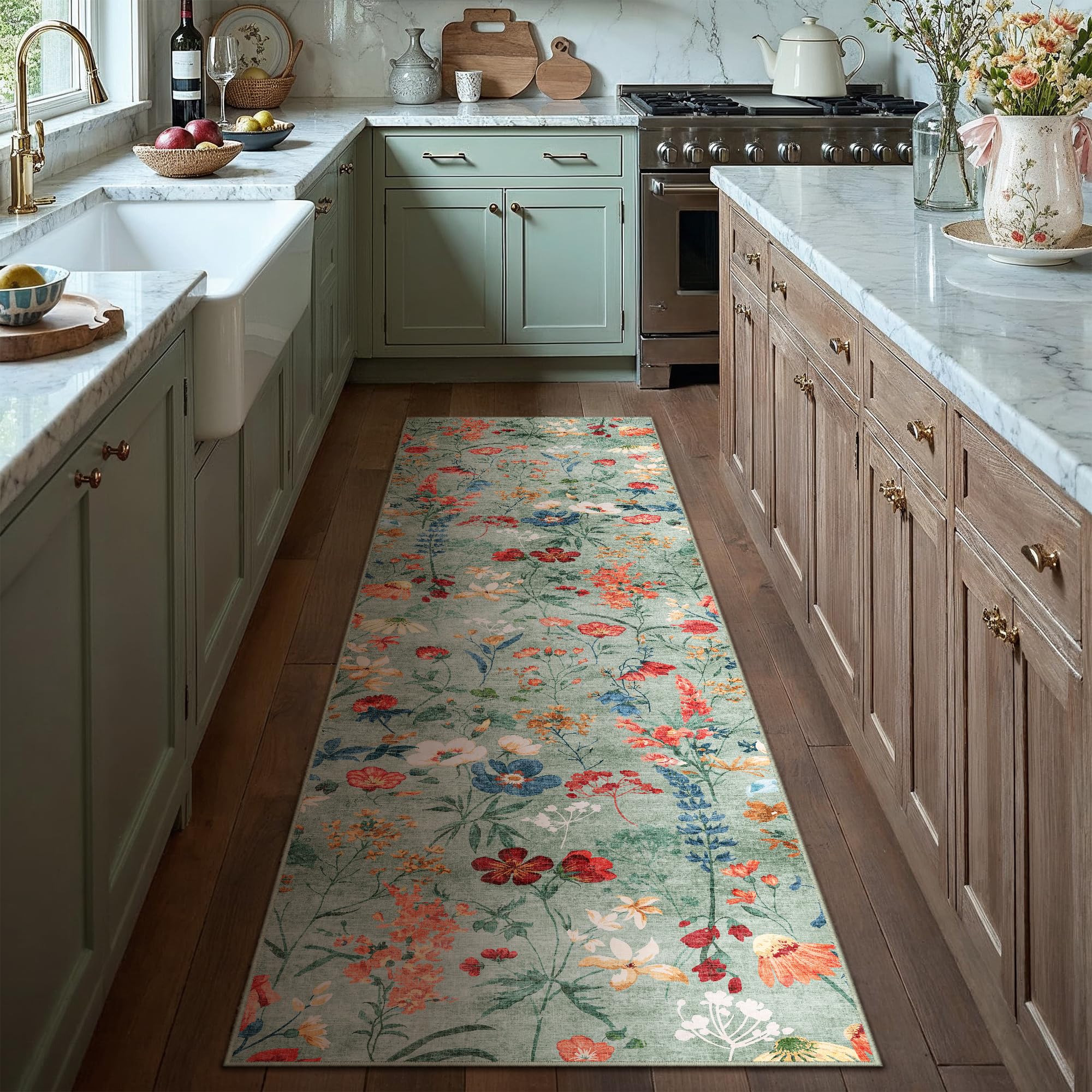 PureCozy Floral Runner Rug 2x6 Washable Hallway Long Green Bedroom Carpet Non Slip Indoor Boho Kitchen Low Pile Accent Rug Lightweight Soft for