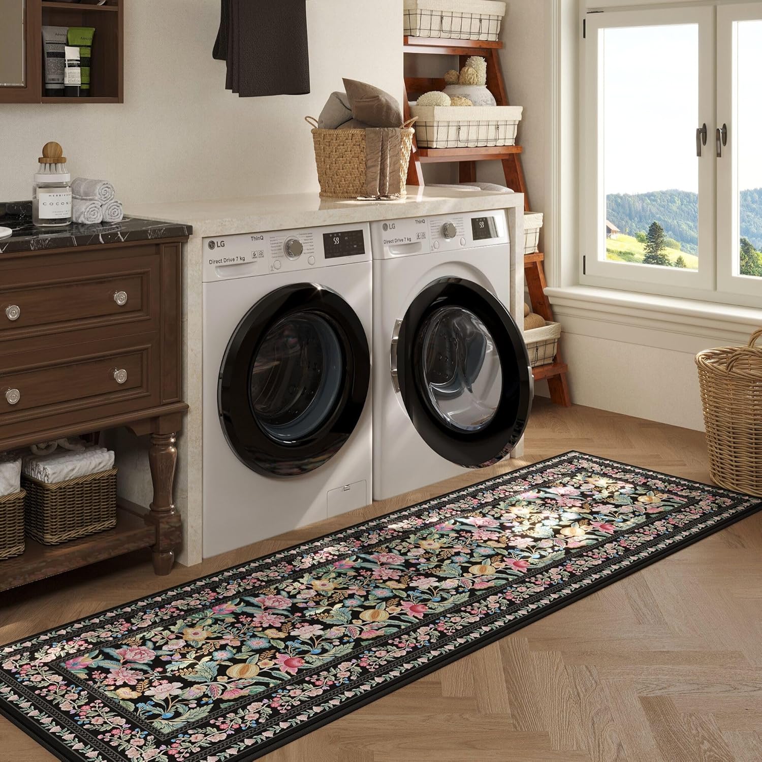 runner rug for kitchen rug non slip 2'x6' washable rugs with rubber backing soft vintage floral carpet runner for kitchen, laundry, bedroom, bathroom, black black 2' x 6' (rectangular)