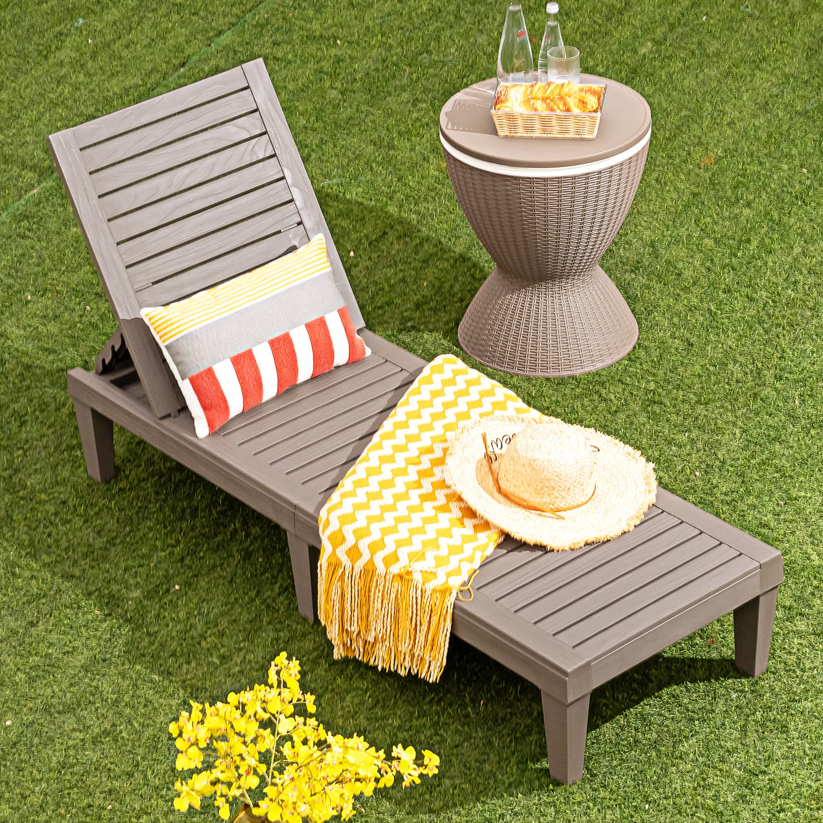 RELAX4LIFE Chaise Longue de Jardin, Bain de Soleil avec Dossier Inclinable sur 5 Positions, Chaise Longue d'extérieur en PP Durable pour Piscine, Terrasse, Plage, 190 x 57,5 x (29-84,5) cm (Café)