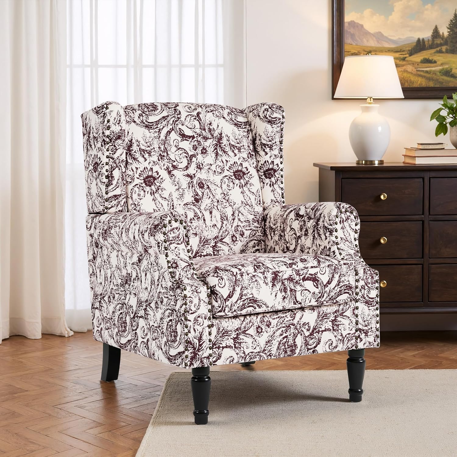 UIXE High Back Floral Accent Chair, Fabric Wingback Chair Upholstered Armchair for Living Room – Rococo Plum