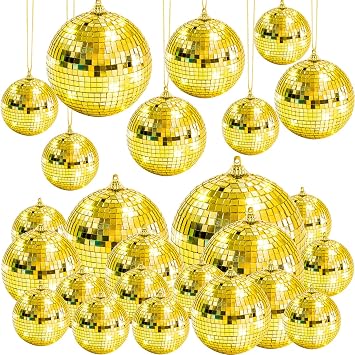 Gold Disco Ball,17 Pcs Hanging Set for Party Home Christmas Decor | Reflective Mirror Glass Surface,4 Assorted Sizes,with Hanging Strings,for Birthday Wedding Disco Theme Decorations