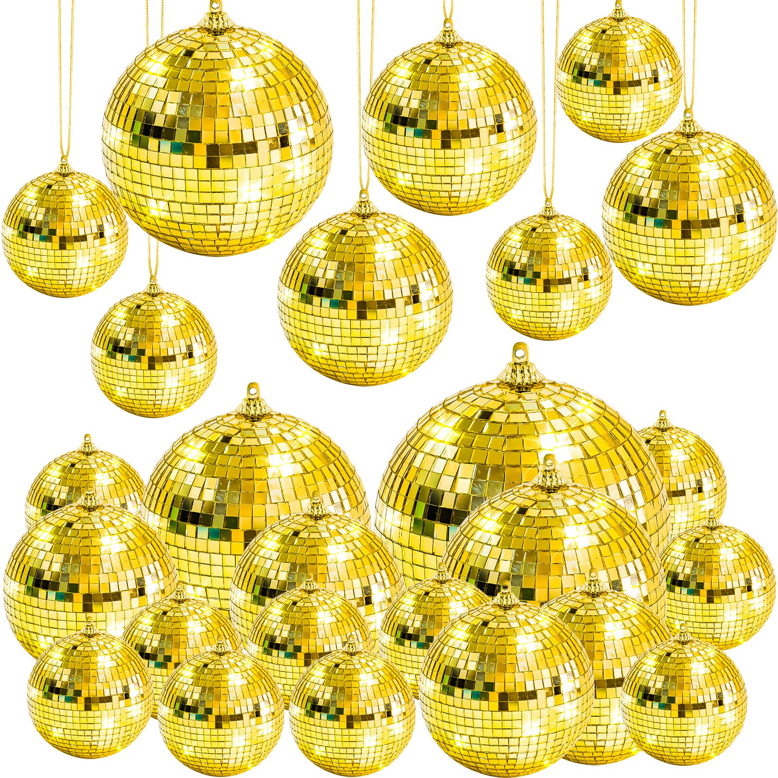 Boules disco dorées pour sapin de Noël et mini suspensions de fête