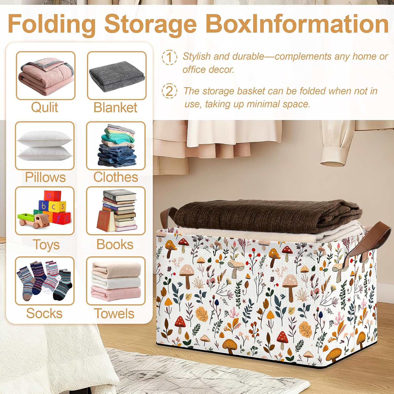 Mushroom Large Storage Bins with Handles, Oxford Fabric Storage Basket, Foldable Organizer for Clothes, Blankets, Toys, Closet Shelf Storage Solution