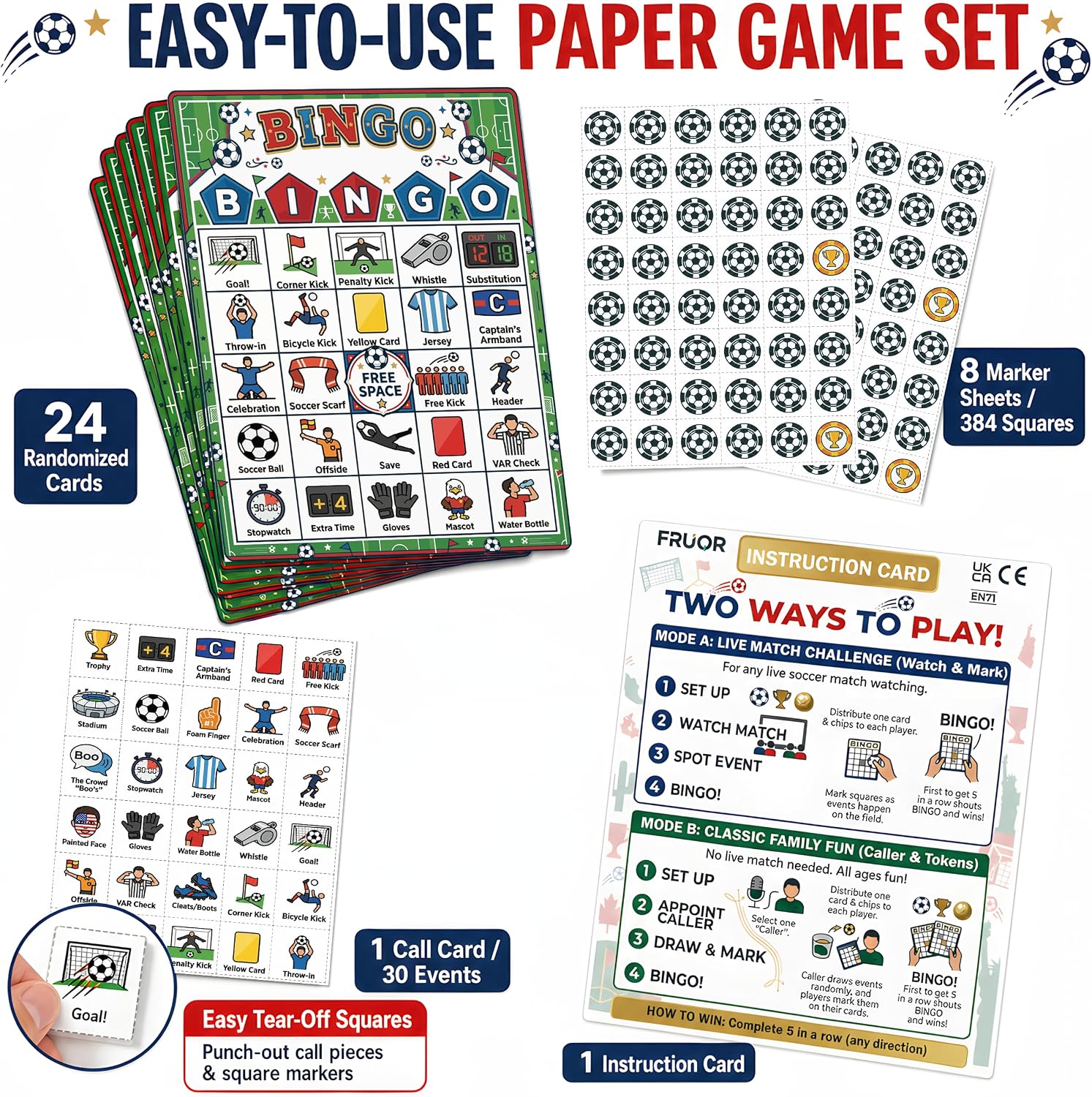Soccer Bingo Game Set for 24 Players - Includes Bingo Cards, Marker Chips, Calling Sheet and Instruction - Perfect for Sports Events, World Soccer Cup Party Supplies, Birthdays, or Friends Gathering