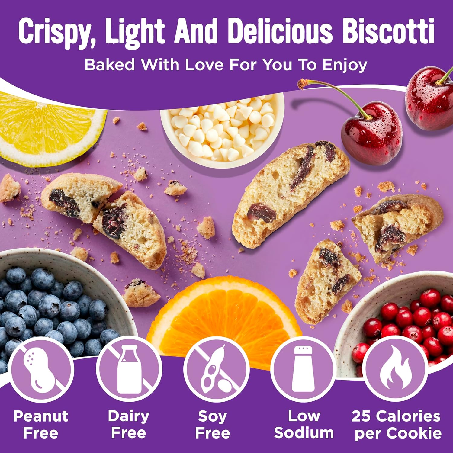 Cooper Street Cookies Twice Baked Italian Biscotti Cookies - Lemon Blueberry, Orange Cranberry and Cherry White Chunk | Crispy, Light and Healthy Cookies | Peanut & Dairy Free | 20oz | 3 Pack